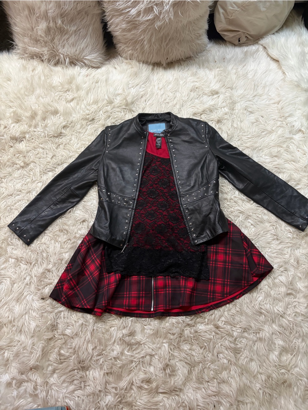 3-Pc Y2K Mall Goth Outfit Bundle - Plaid Skirt, Studded Leather Jacket, Lace Top